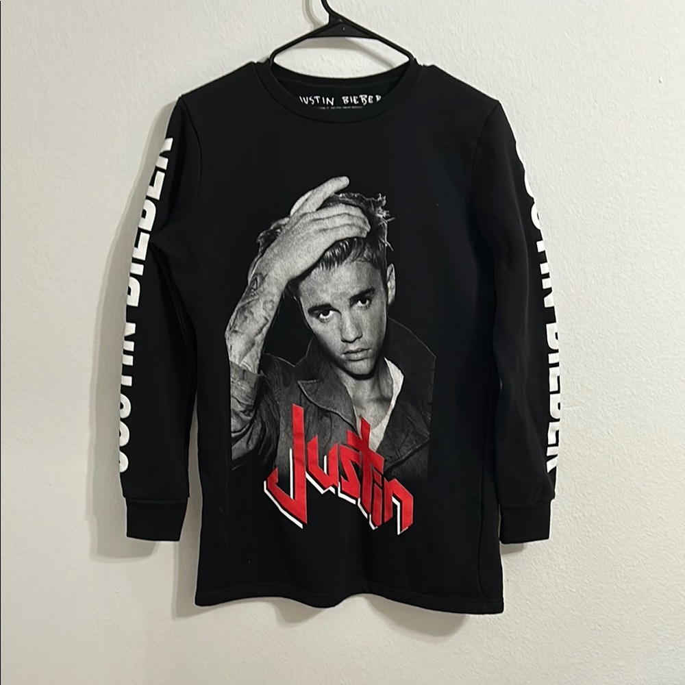 Justin Bieber Black Crew Neck Sweater with Bold Graphic Design